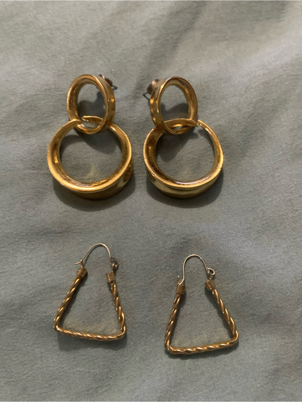 Set of Vintage Gold Earrings - Chunky Double Hoops & Twisted Rope Triangle Hoops